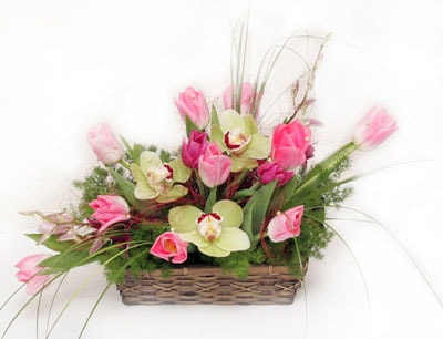 çiçek satış 3 adet kandil orkide ve kır çiçekleri sepeti